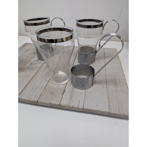 Set 4 Federal Soda Fountain Glass Silver Basket Weave Holder Handle Removable - Picture 5 of 5